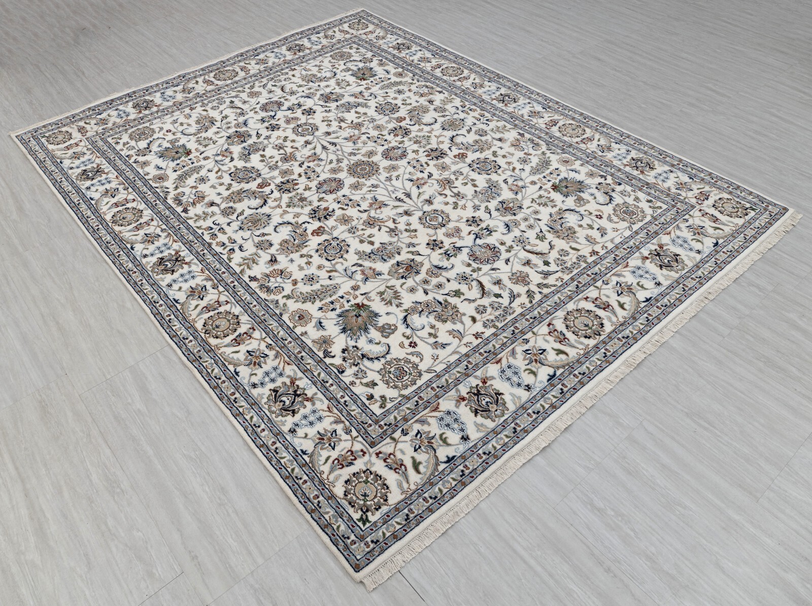 High Quality Indo Nain Wool Silk Rug Ivory Cream Hand Knotted Custom Size Rug