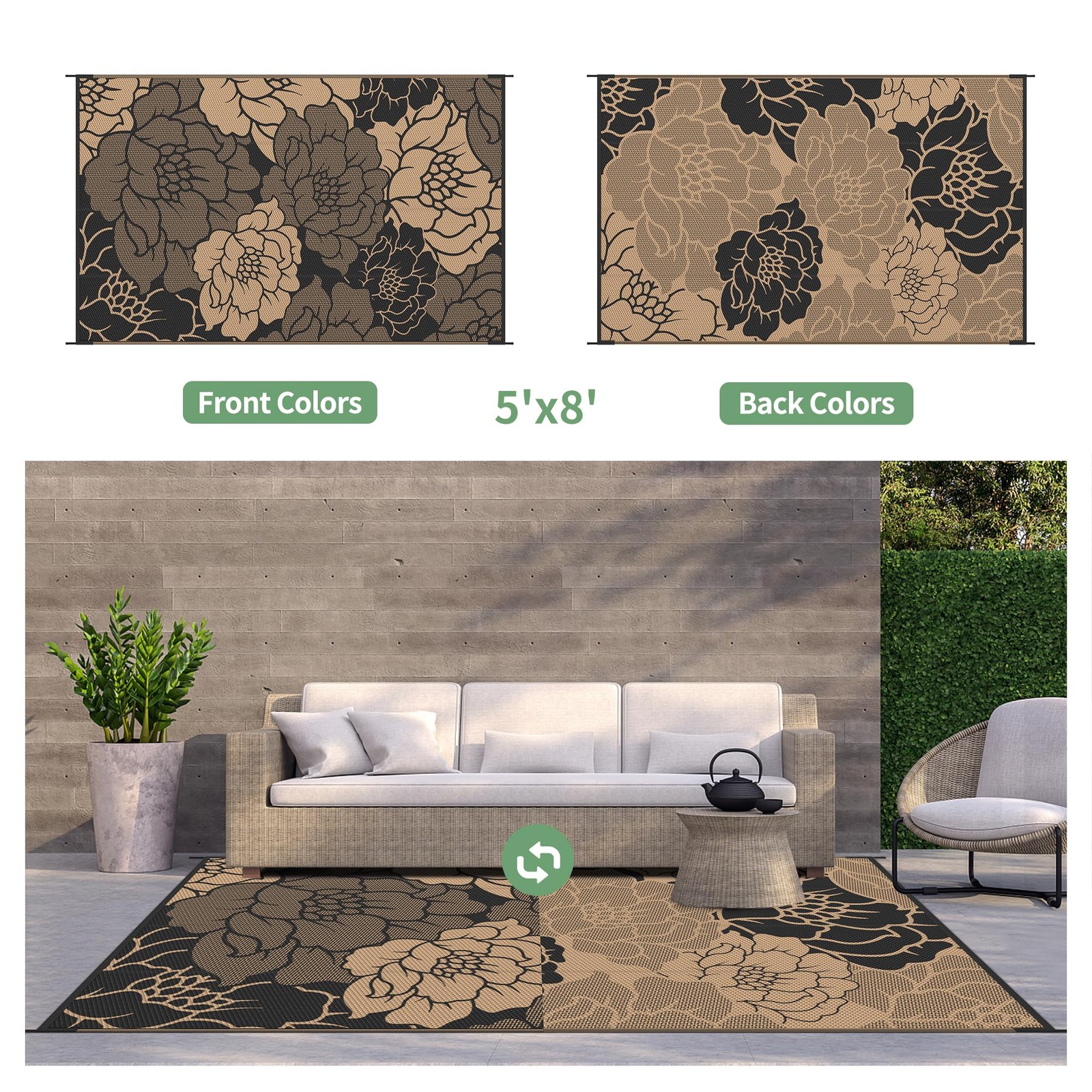 GENIMO Outdoor Rug Waterproof for Patio Decor, 5′ x 8′ Reversible Plastic Str…