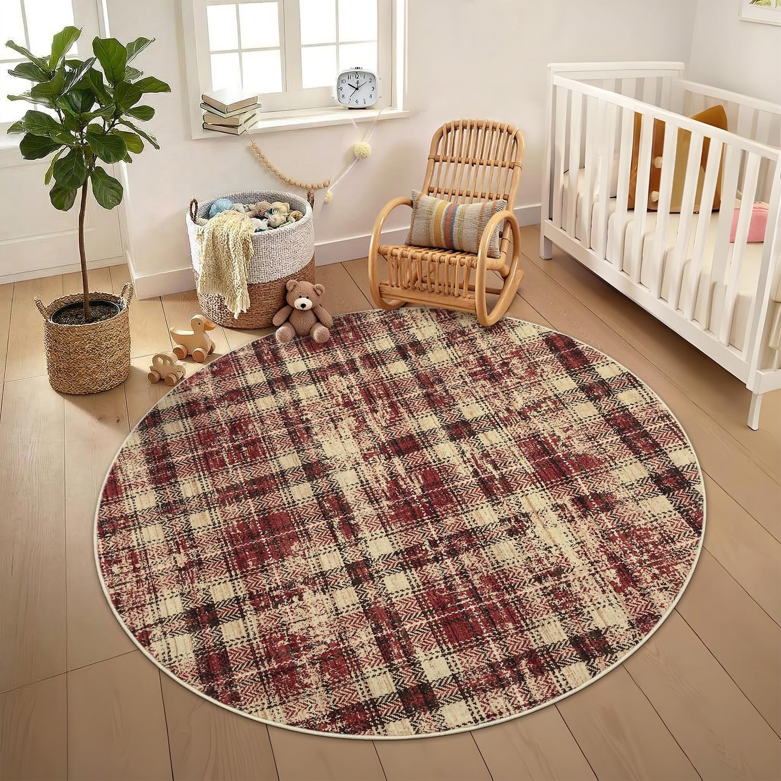 Luxloom Tartan Plaid Round Area Rugs 4Ft Washable Non-Slip Soft Small Round Rug