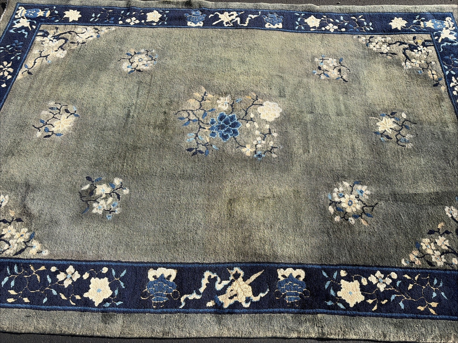Auth: Antique Art Deco Chinese Rug Plush Green Wool Beauty 6×9