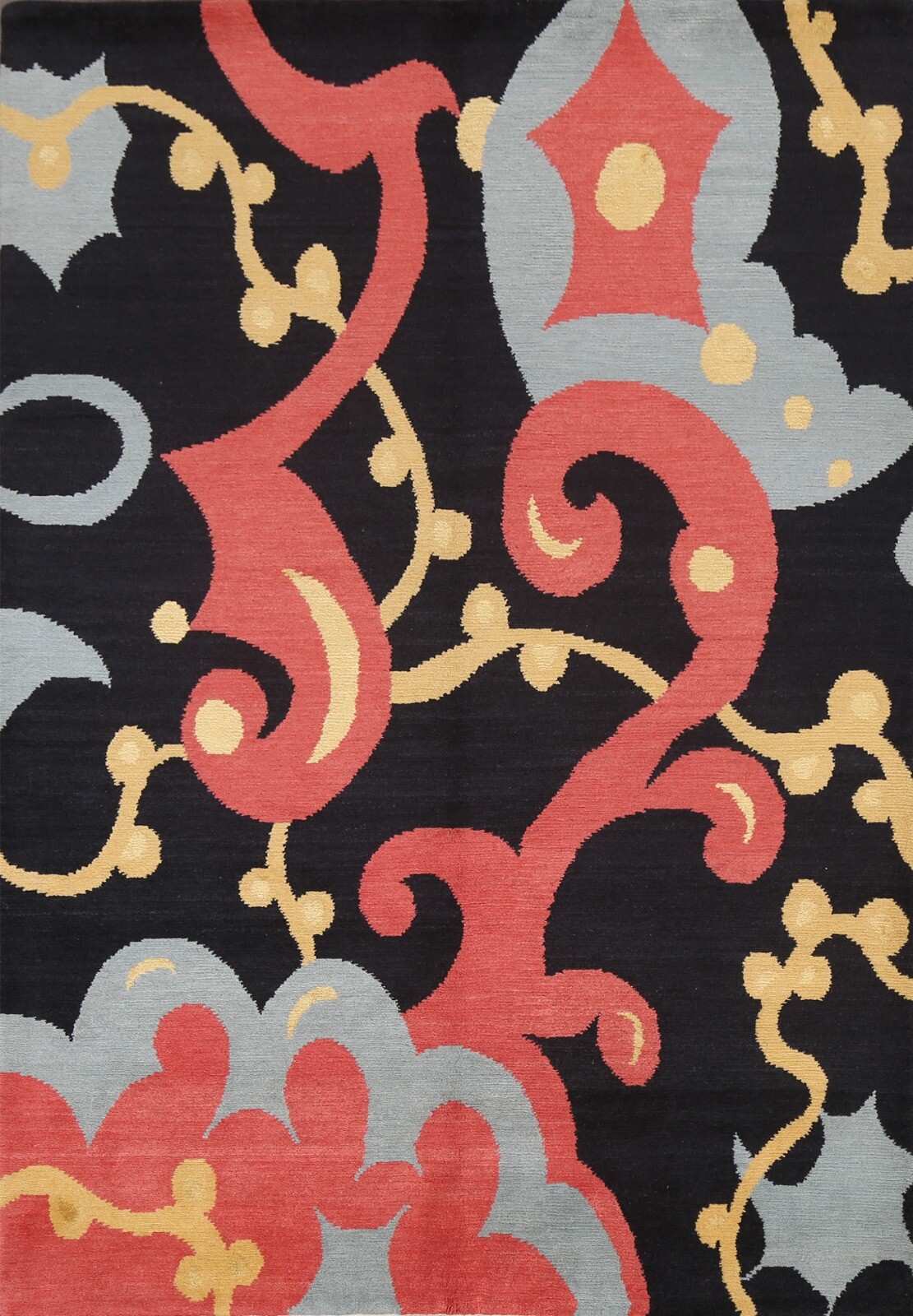 Vegetable Dye Black Floral Nepalese Oriental Modern Area Rug Hand-knotted 5×7 ft