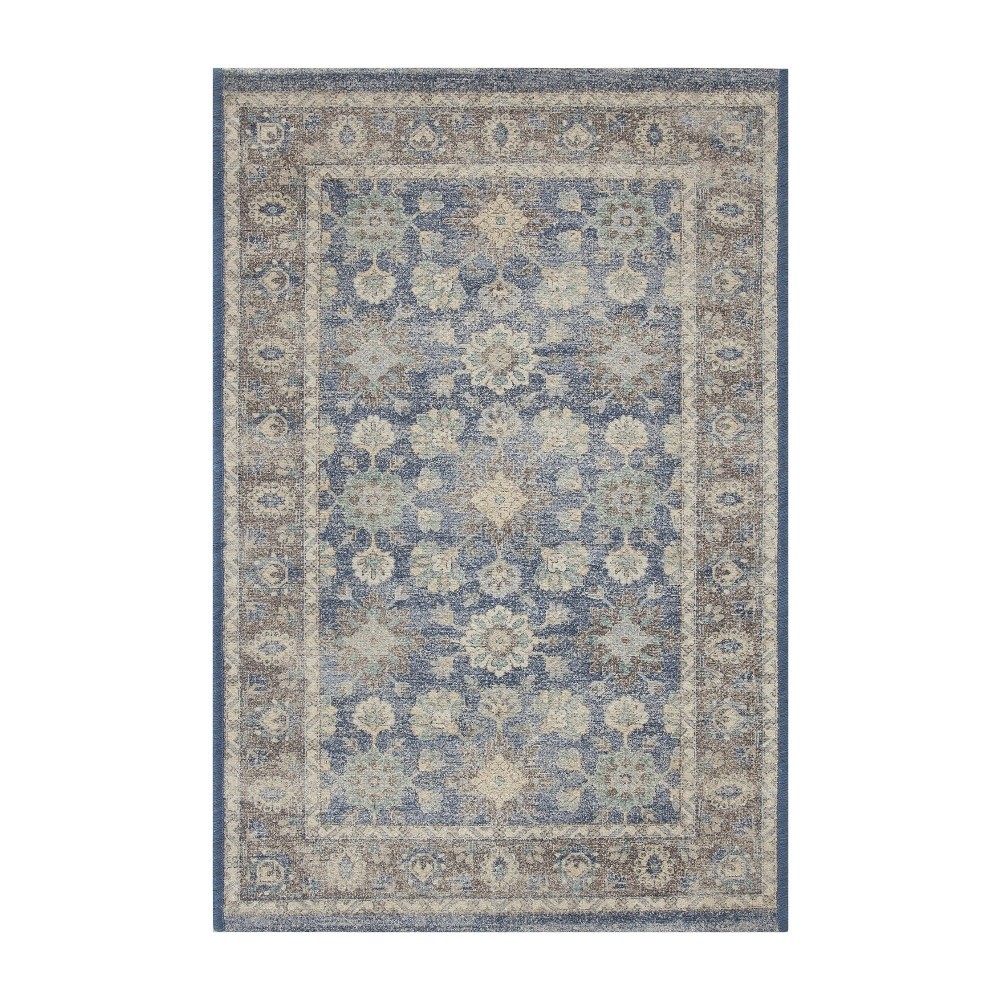 Blue Floral Pattern Indoor Area Rug 24 x 36 Inches Non-Slip Accent Carpet