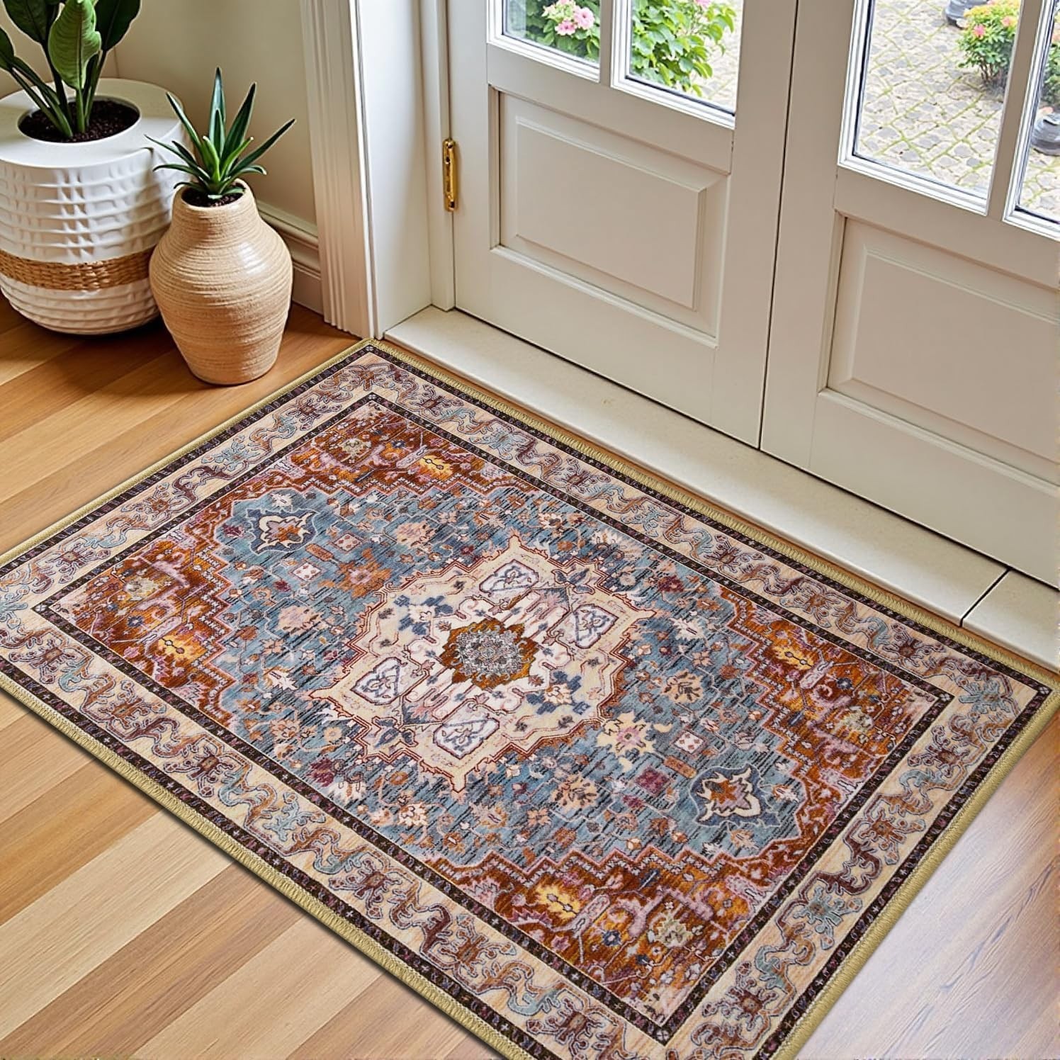 2×3 Rust Brown Entryway Rug, Washable, Low Pile, Non-Slip, Distressed Mat