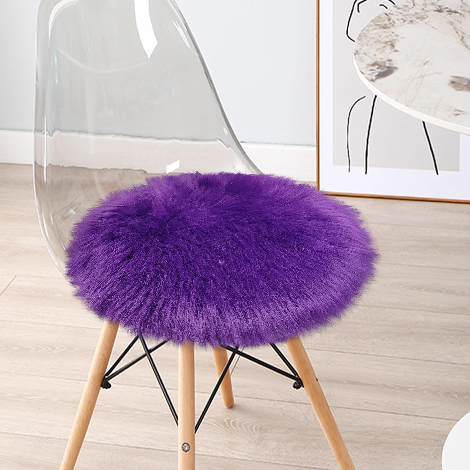 Faux Sheepskin Circle Rug 2ft Purple Plush Shaggy Mat Seat Pad Sofa Throw Decor