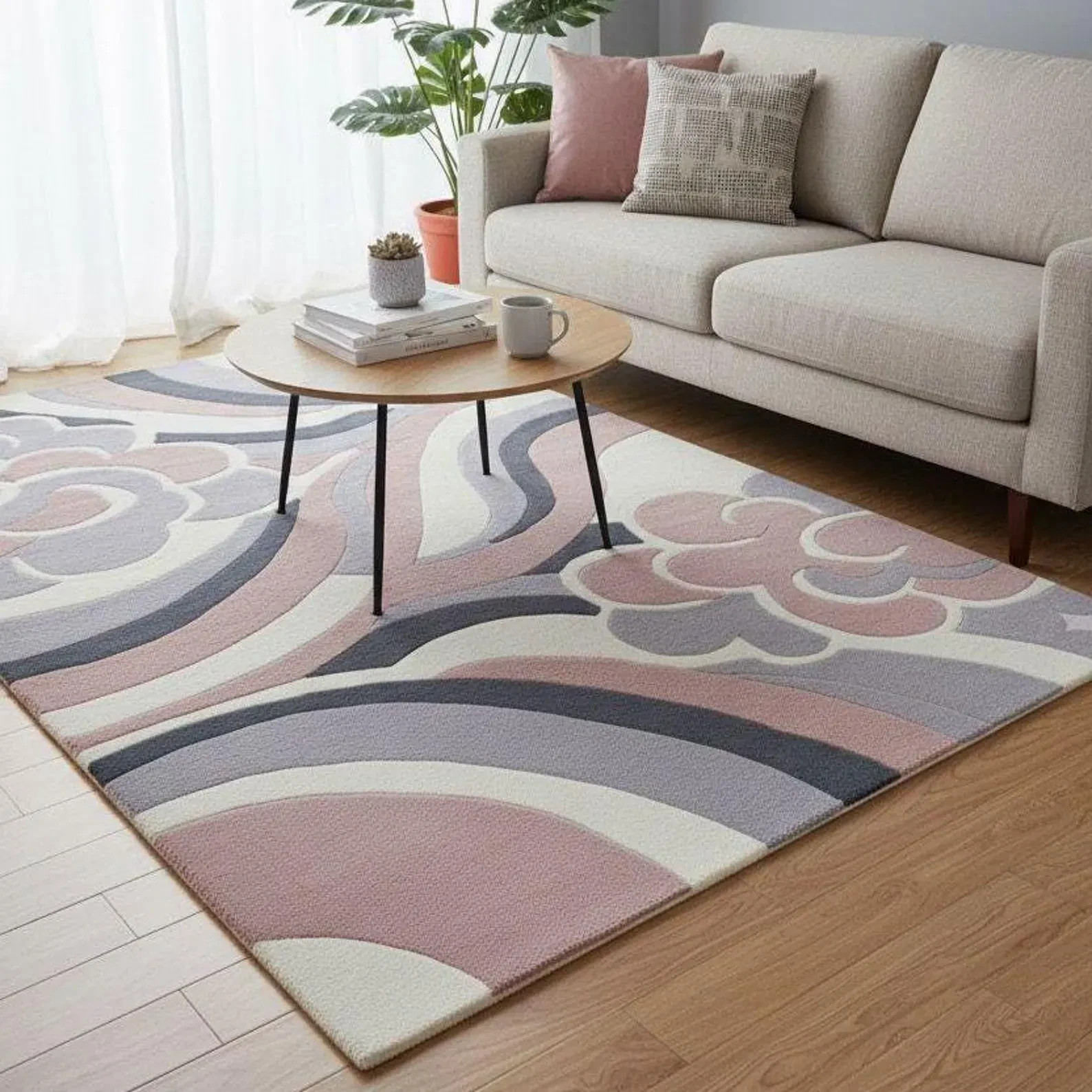 Modern Pink, Gray and Cream Abstract Wool Area Rug, Luxury Hand Tufted Carpet