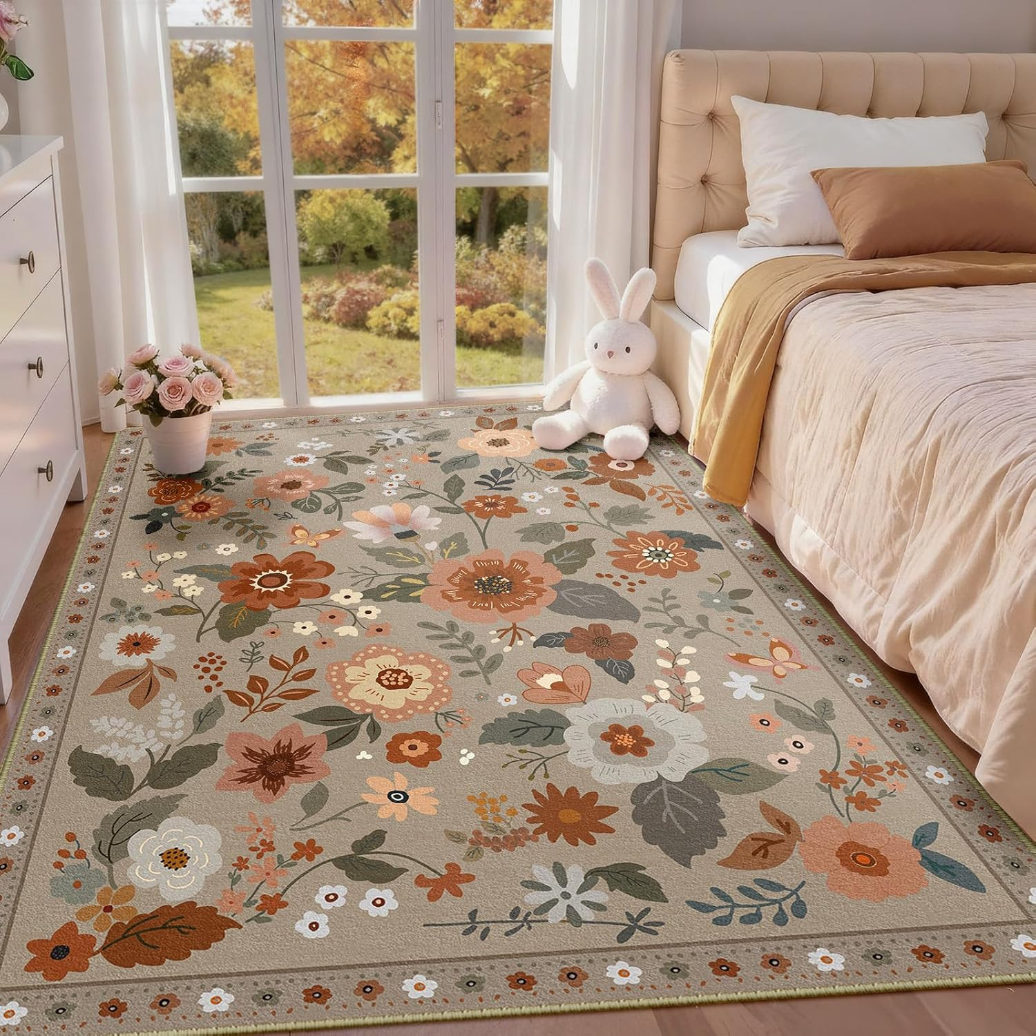 Floral 3X5 Area Rugs Washable Print Boho Cute Carpet Non Slip Flower Low Pile fo