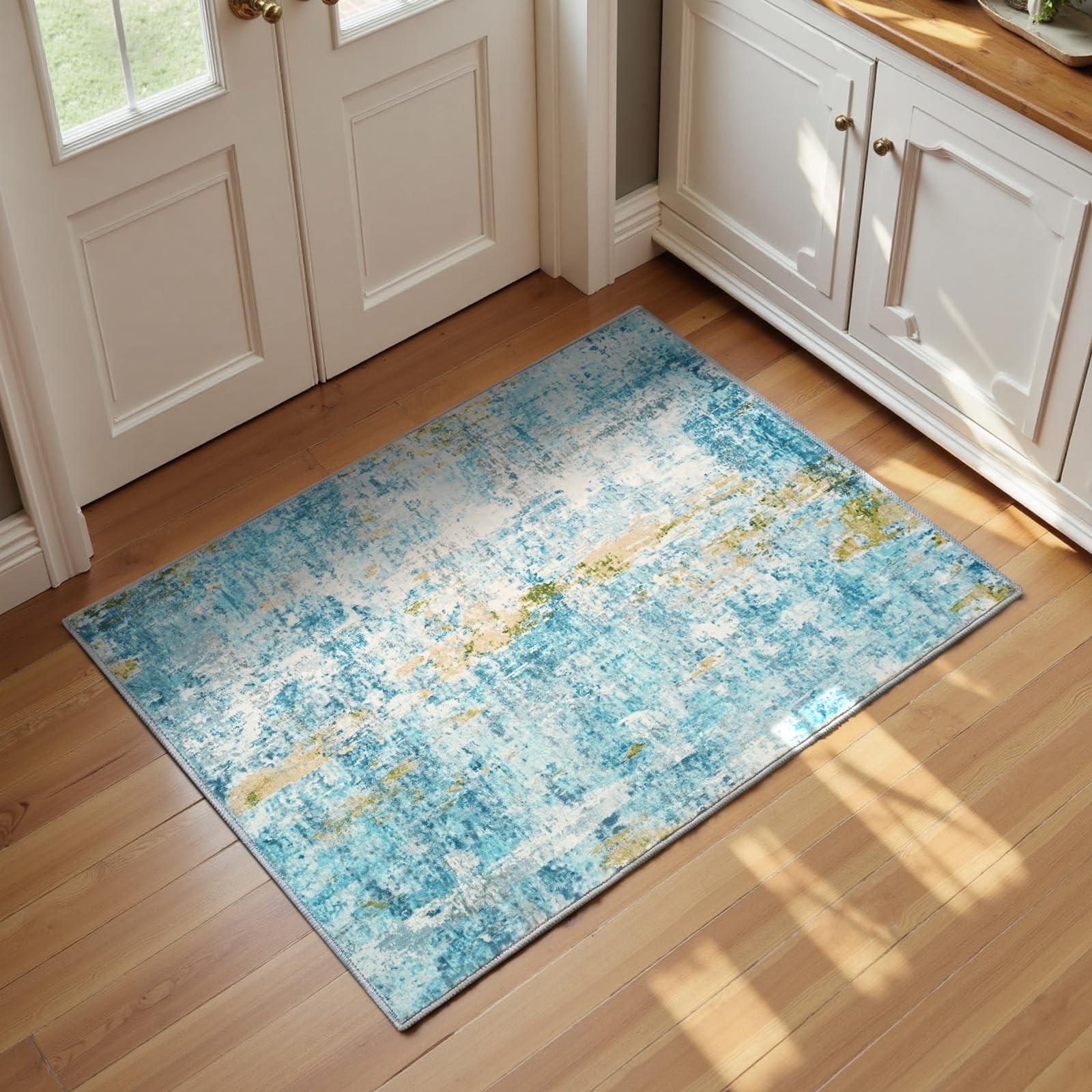 Teal Blue Abstract Entrance Area Rug 2×3 FT Washable NonSlip Indoor Mat