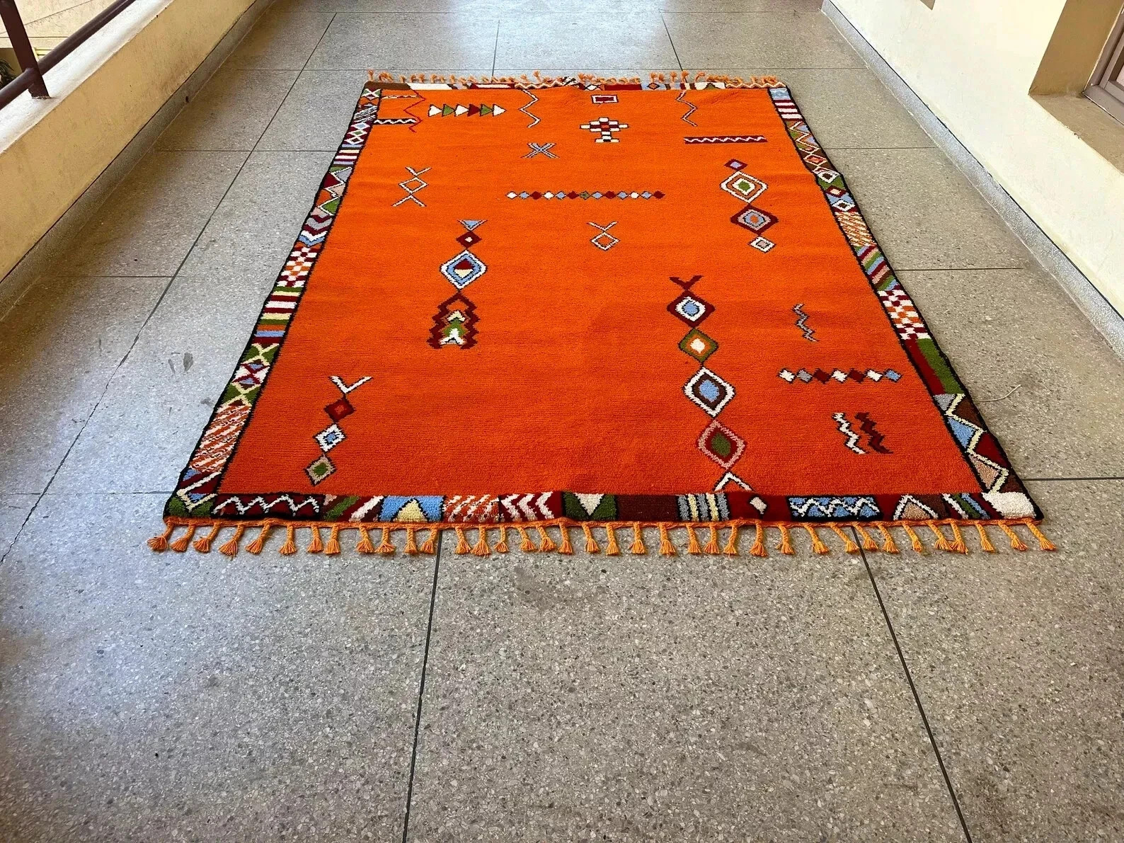 Moroccan Berber Beni Ourain Wool Rug Color Orange Multi Handmade Carpet Rug