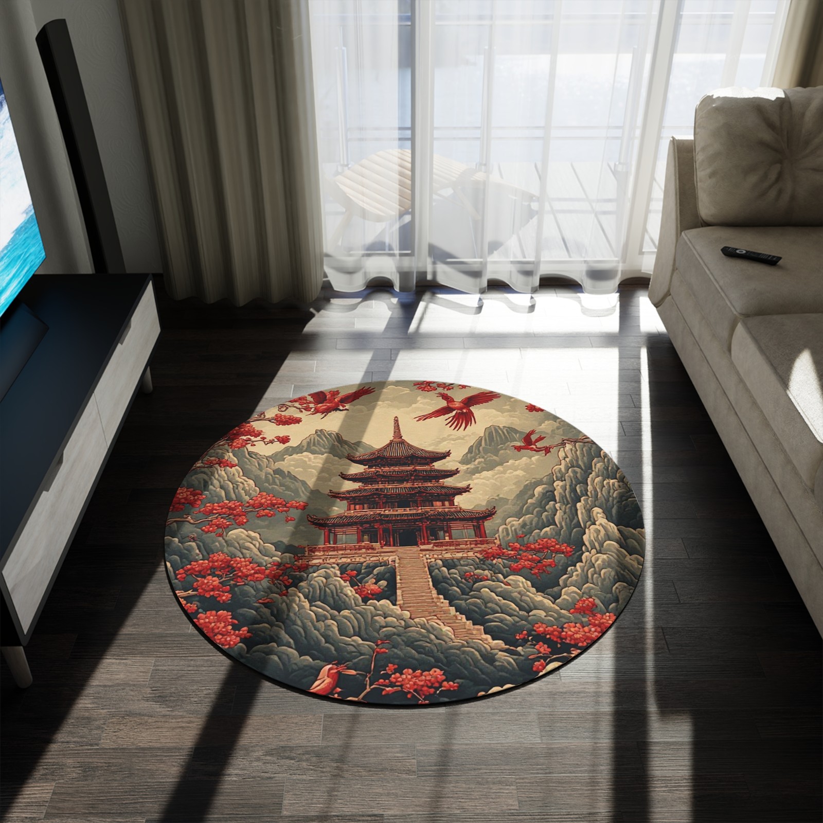 Oriental Style Rug w/Birds + Flowers – 60in Diameter Round Carpet 8