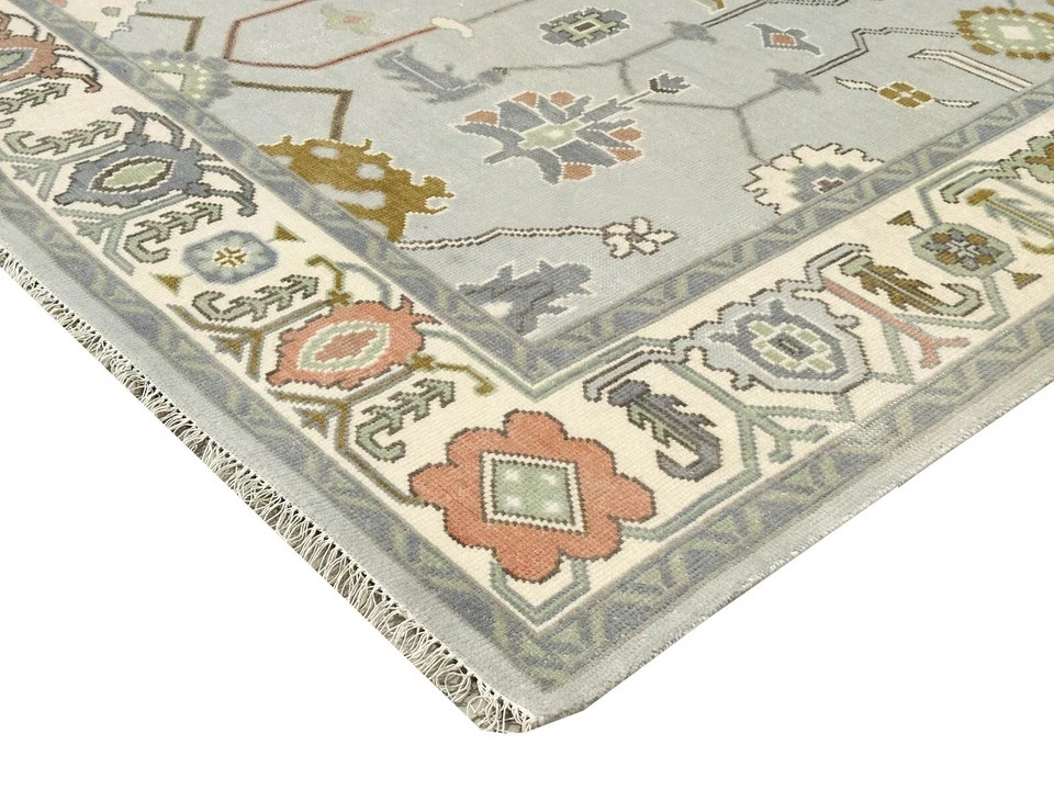 Hand Knotted Oushak Rug, Vintage Turkish Style Area Rug, Soft Grey Floral Orient