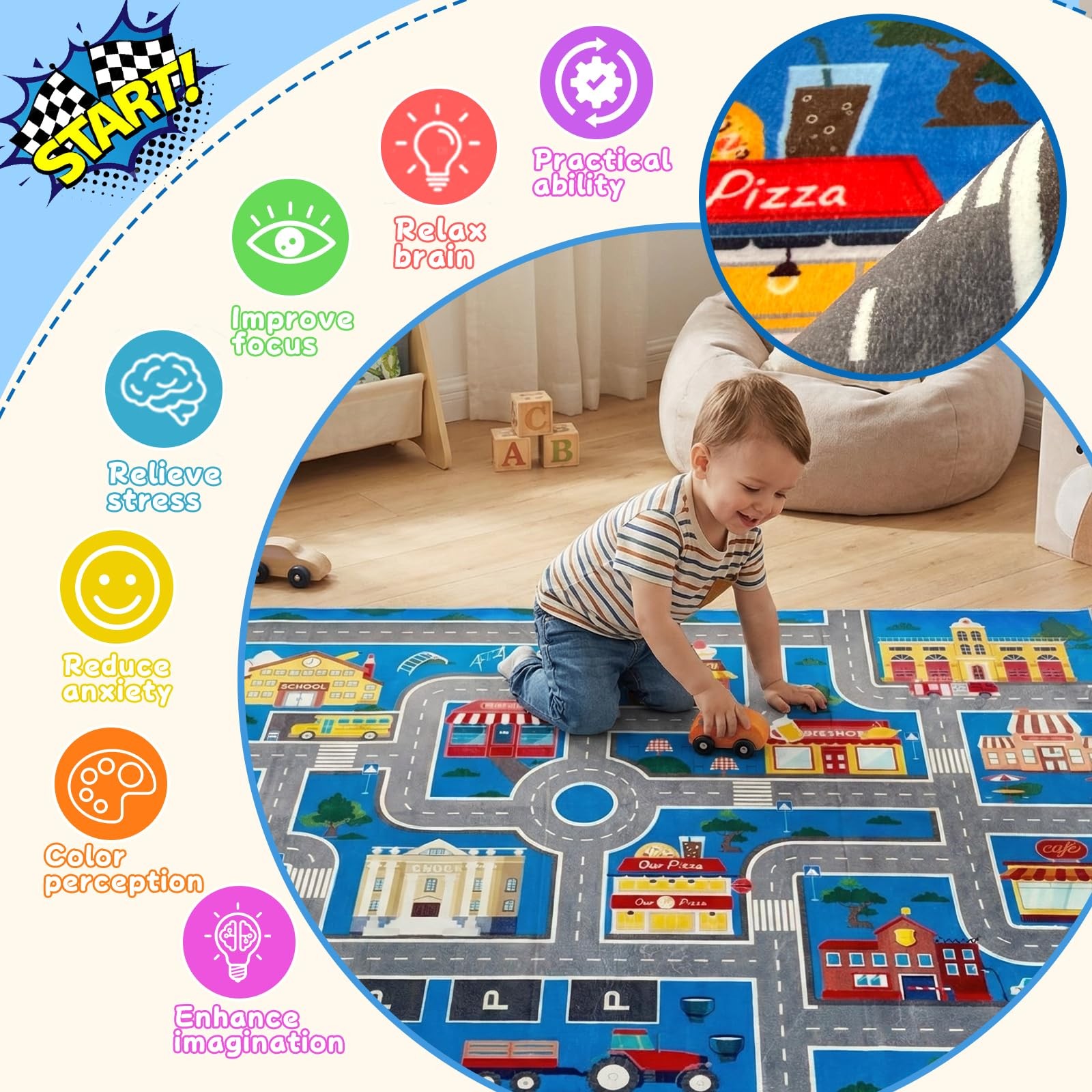 Play Mat Kids Rug for Boys and Girls, 31x47in Non-Slip Playroom Rug Car Rugs