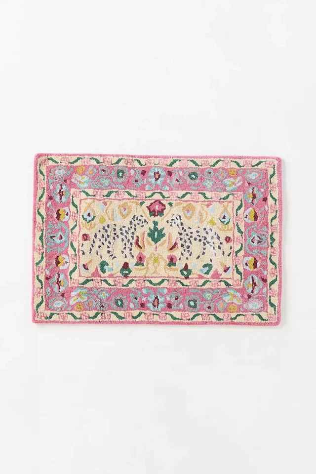 Hand-Tufted Pink Leopard Floral Wool Area Rug Boho Handmade Carpet