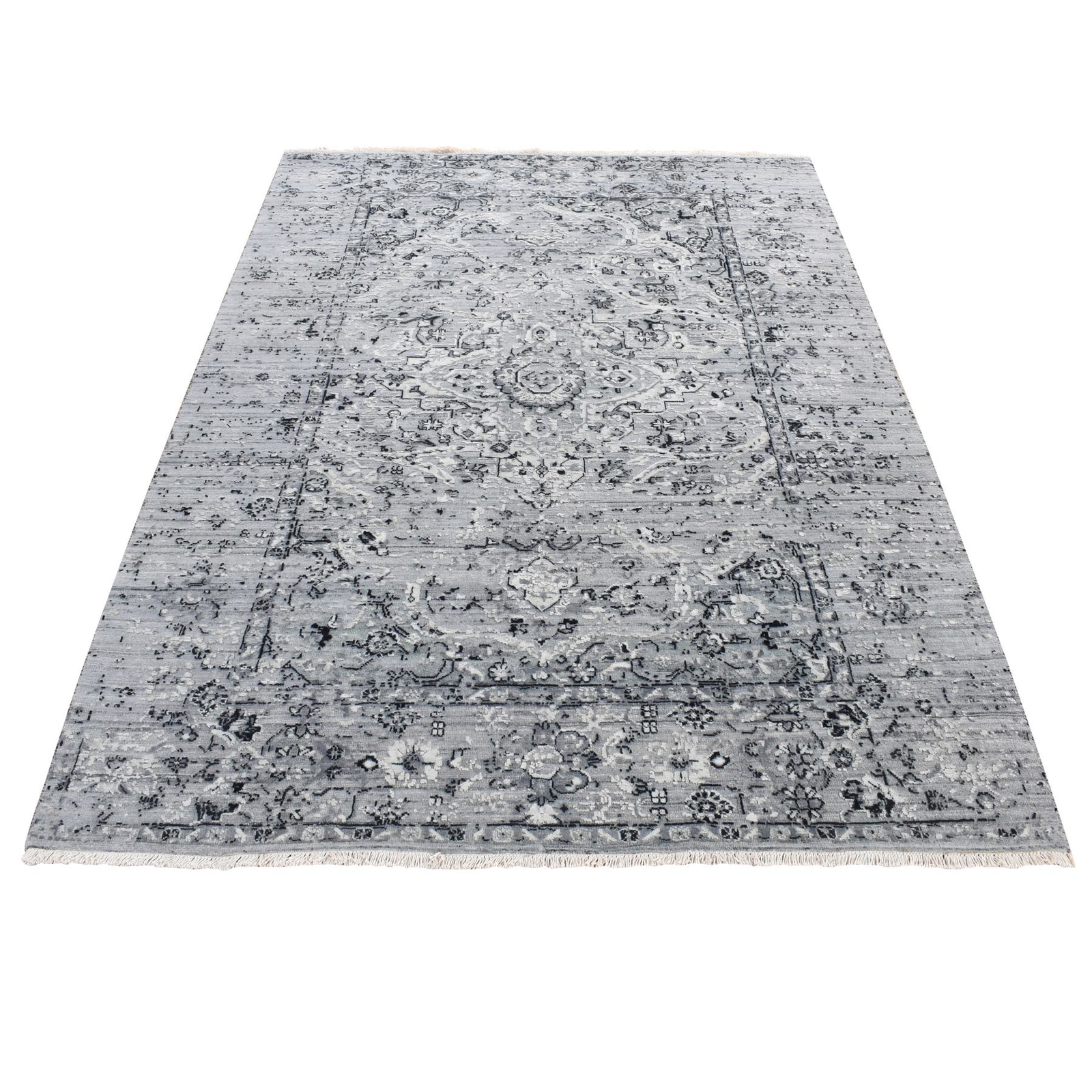 5’1″x7′ Black Coral Design Silk and Wool Hand Knotted Oriental Rug R80772