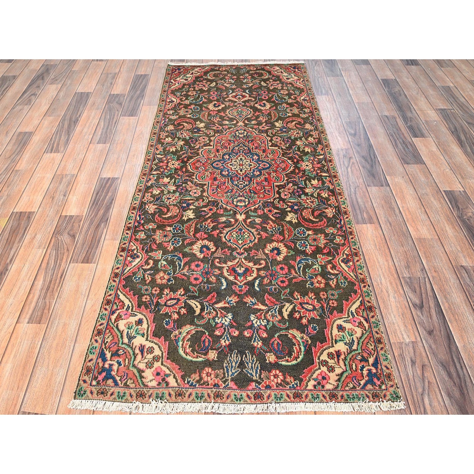 2’9″x6’9″ Brown Vintage Zoroastrian Flower Design Hand Knotted Wool Runner Rug