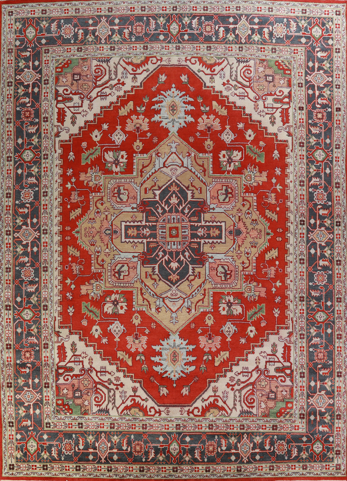 Heriz Serapi Rust Large Rug Hand-Knotted Indian Living Room Carpet Wool 12×15 ft