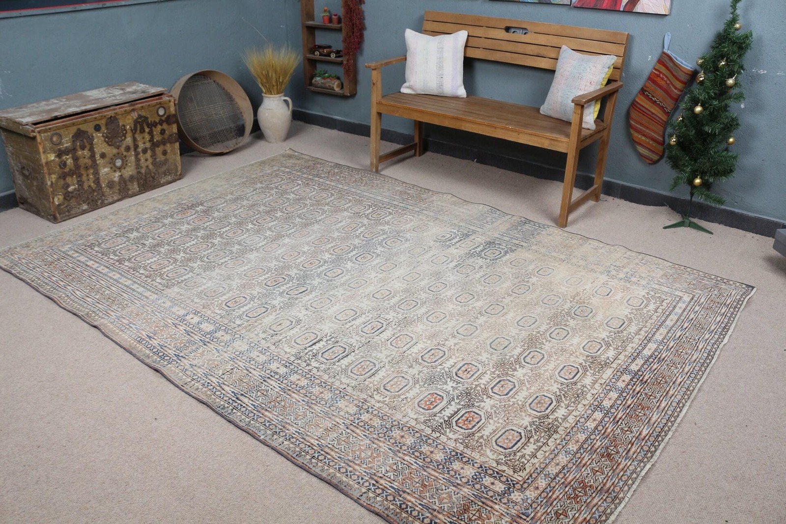 Turkish Vintage Rug, 6,3×9,3 ft Rug, Blue Brown Polka dot Rug
