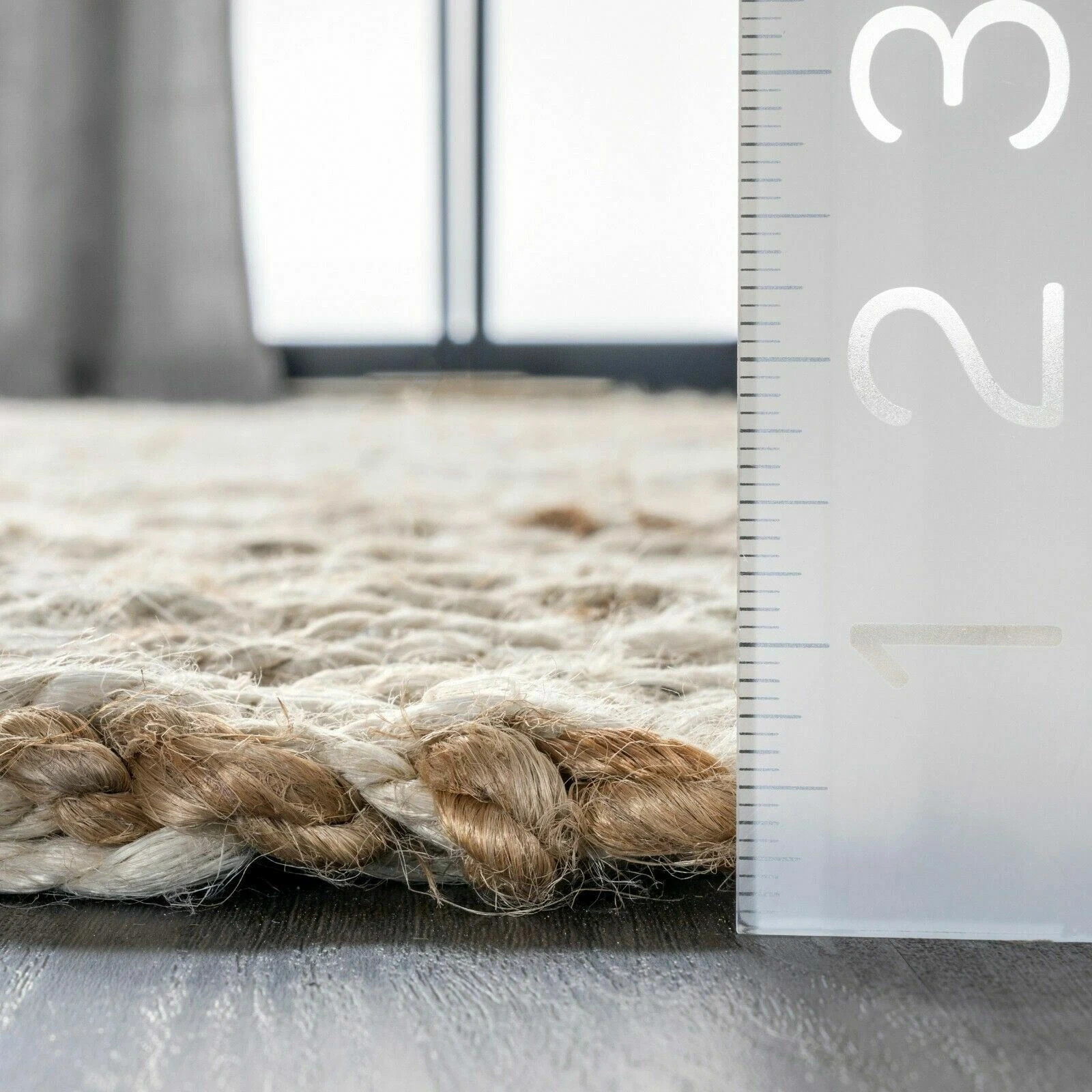 Hand Made Natural Jute and Wool Blend Area Rug with Fringe in Tan