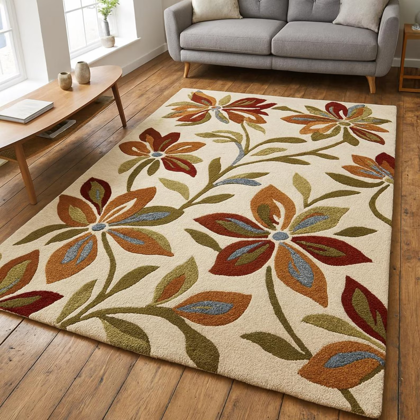 Handmade Floral Wool Area Rug, Modern Botanical Living Room Rug, Cream Multicolo