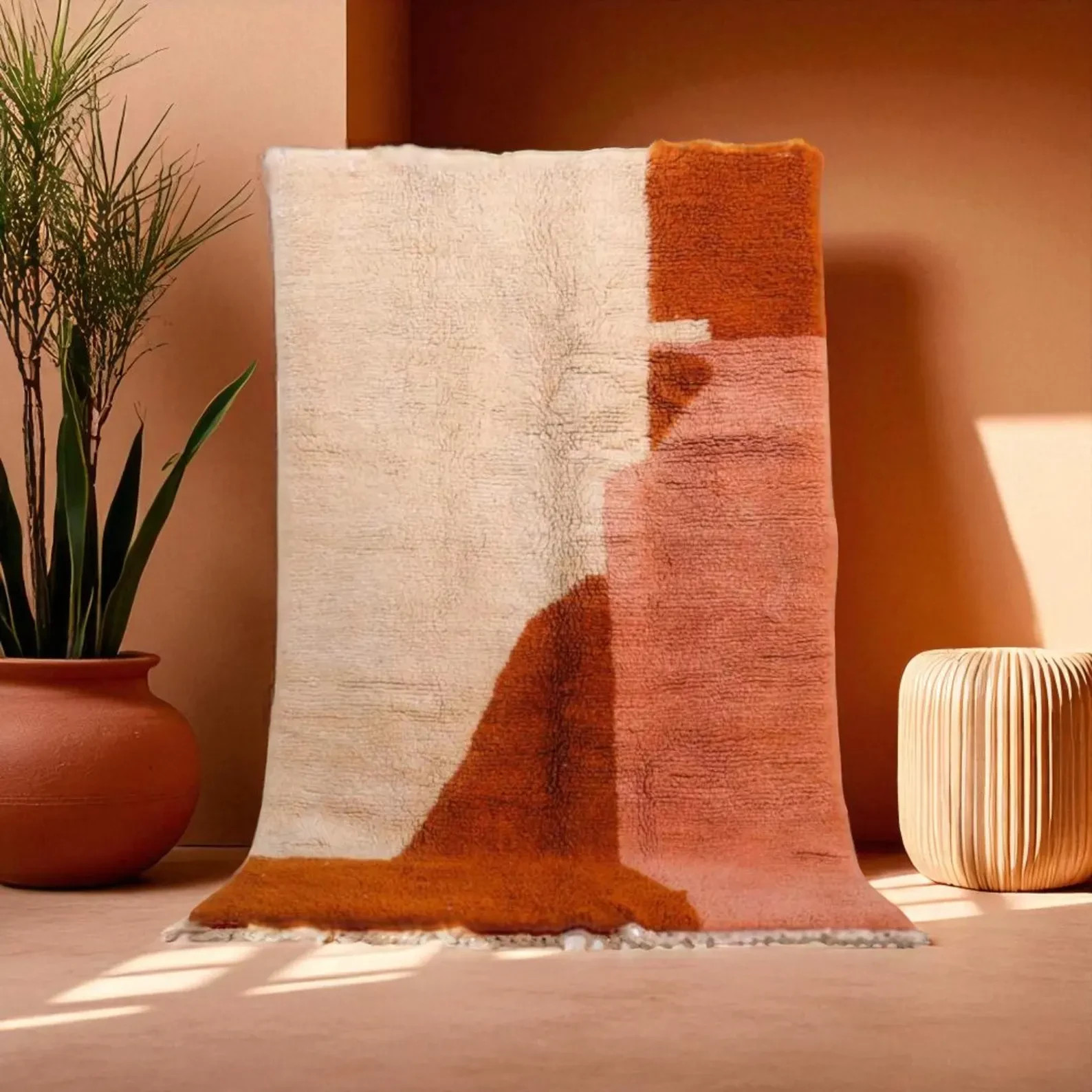 Handmade Moroccan Rug, Abstract Terracotta, Blush Pink & Cream Wool Carpet,