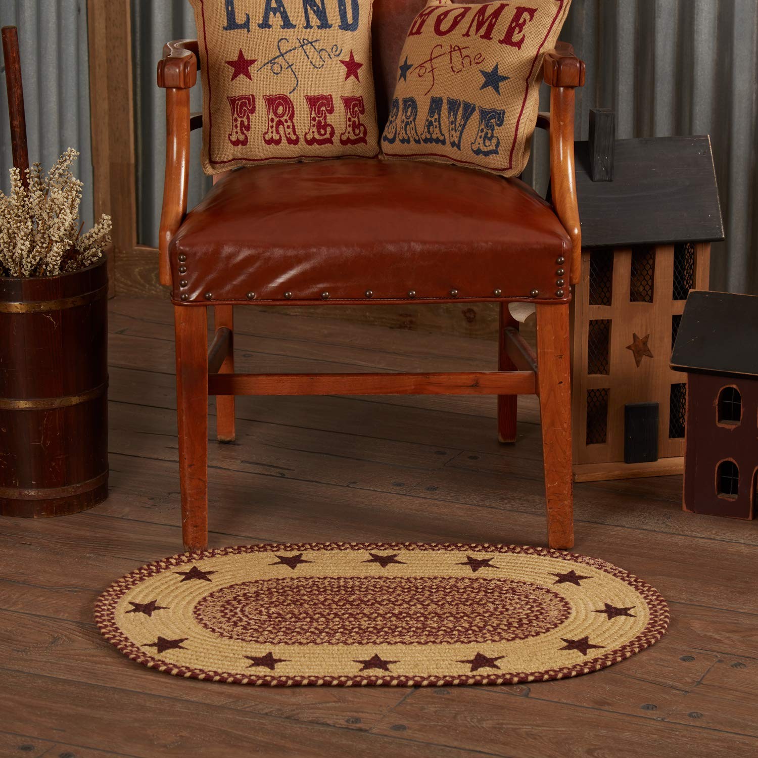 Burgundy Tan Jute Rug Oval Stencil Stars w/Pad 20×30