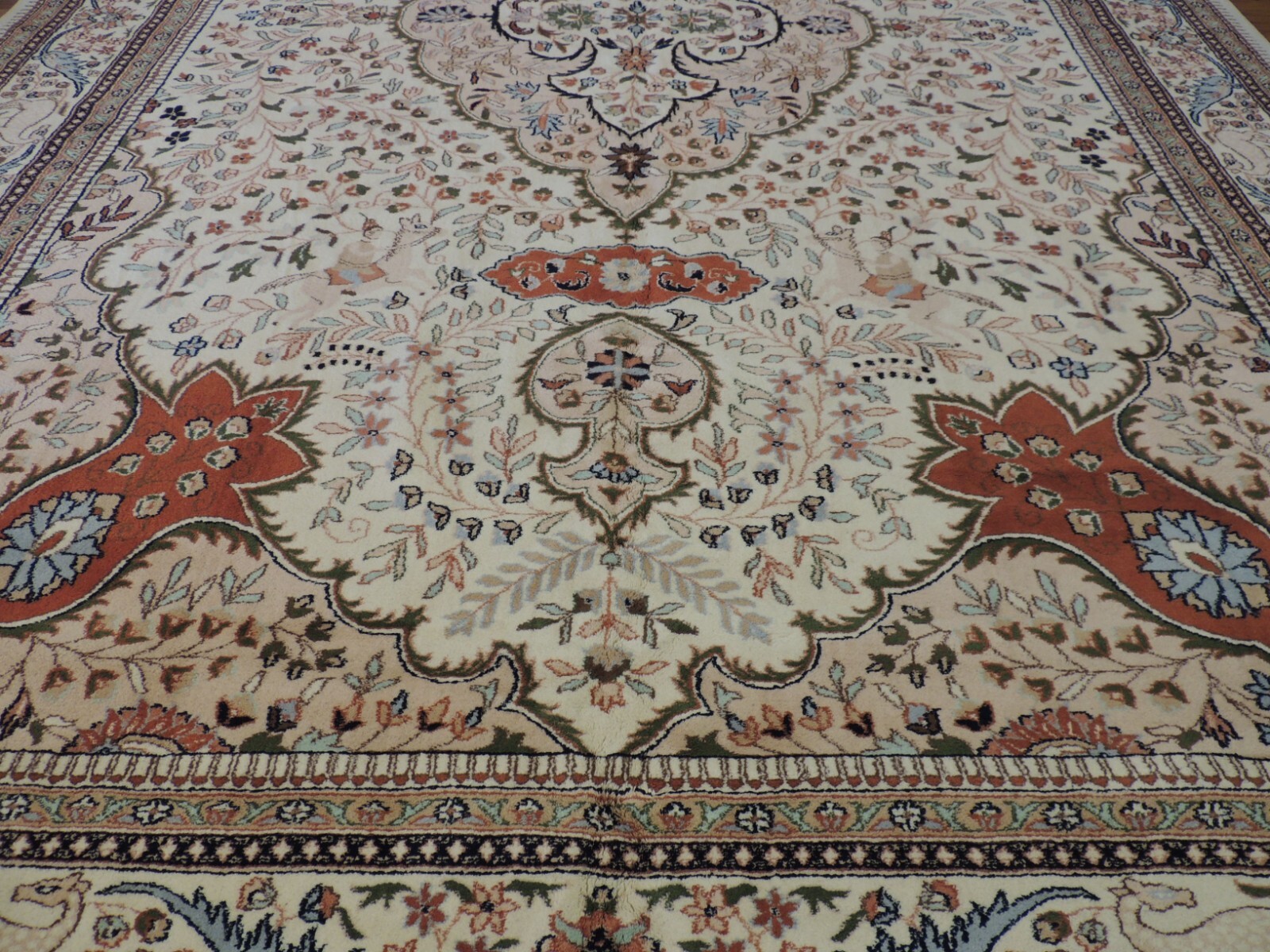 12×18 Tabrize Oriental Area Rug Horse Hunting Animals Ivory Rust Blue Coral