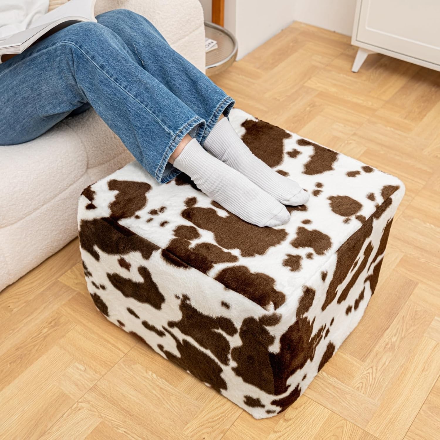 20x20x14 Inches Fluffy Square Pouf Ottoman – Plush Furry Boneless Ottoman Foot