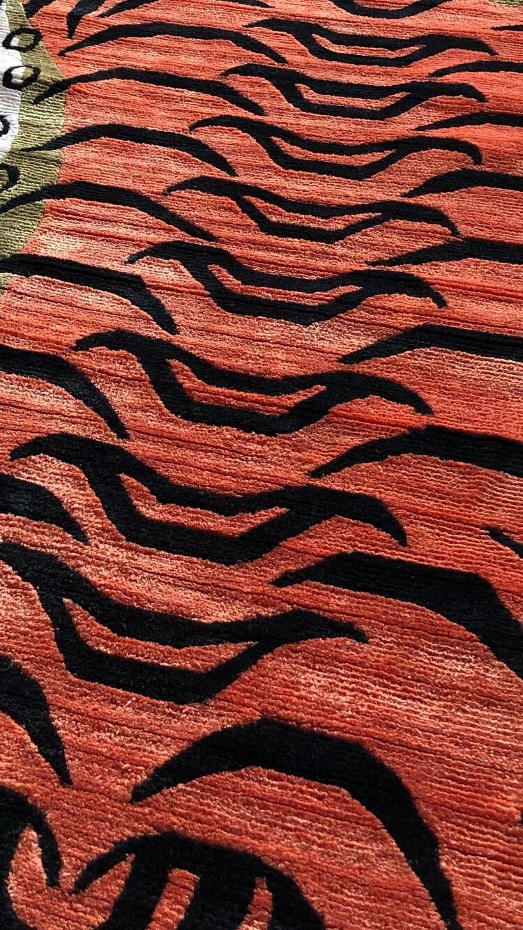 Hand knotted Tibetan Tiger orange Medium silk and wool rug ( 70 cm × 140 cm )