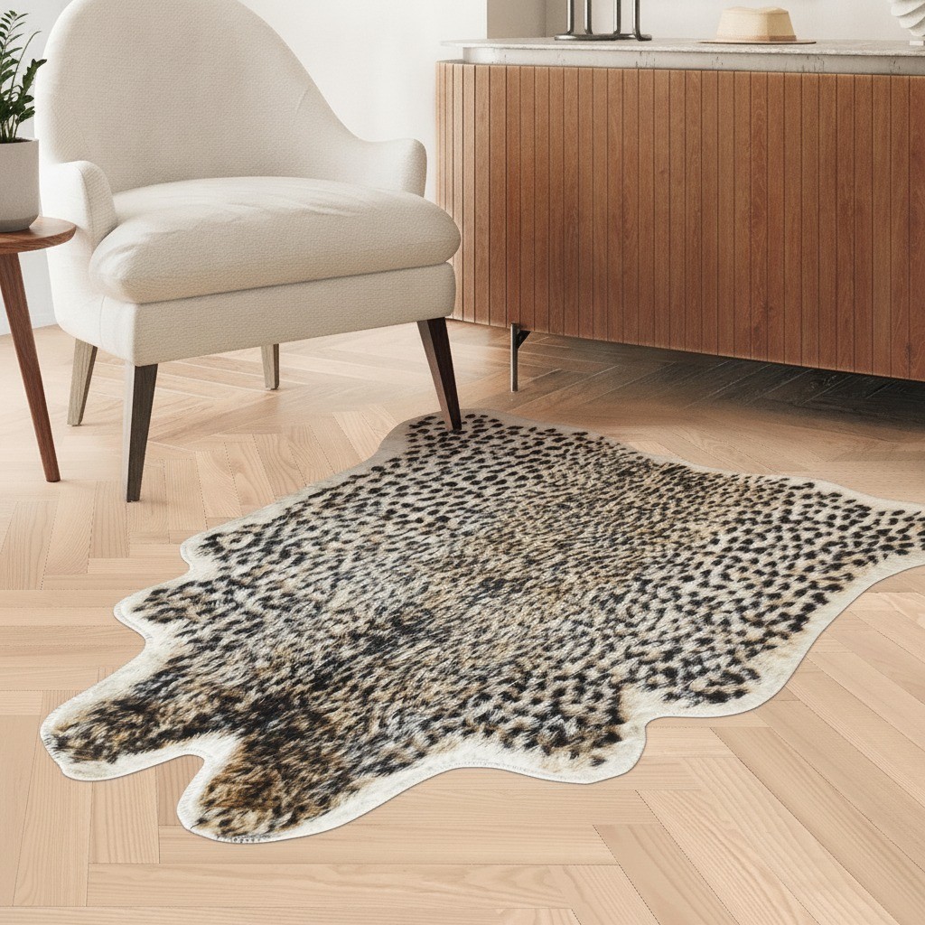 Leopard Print Area Rug, 3’1″ x 3’4″, Brown Faux Fur, Non Slip, Tufted