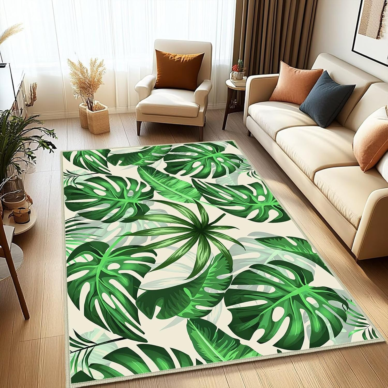 Sage Green Botanical Print Rug 5×7 – Washable Non-Slip Area Carpet