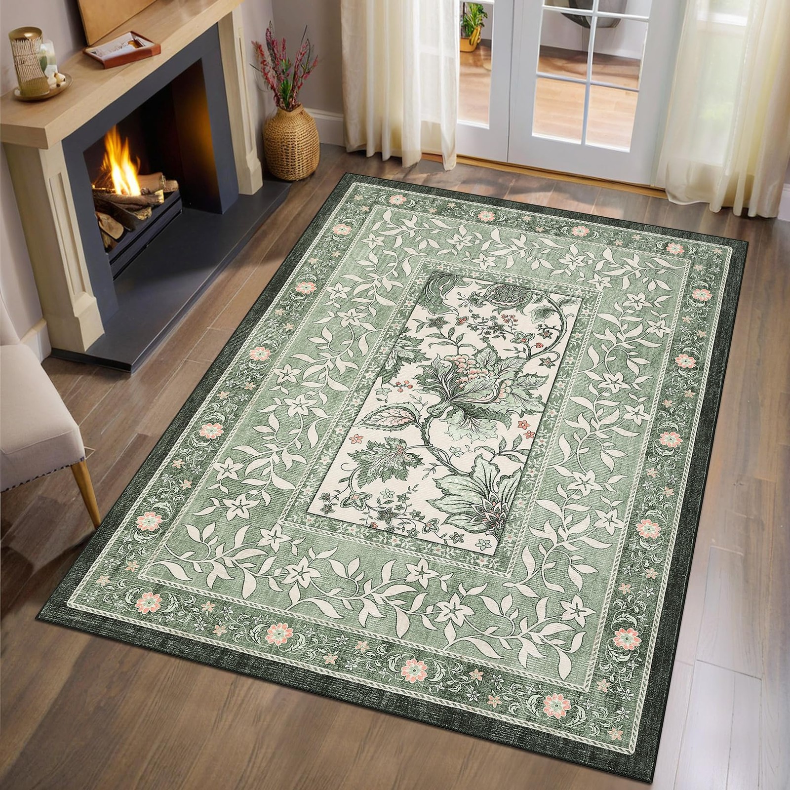 Provence Sage Green 3×5 Rug Washable Non-Slip Low-Pile Indoor Rugs for Entryw…