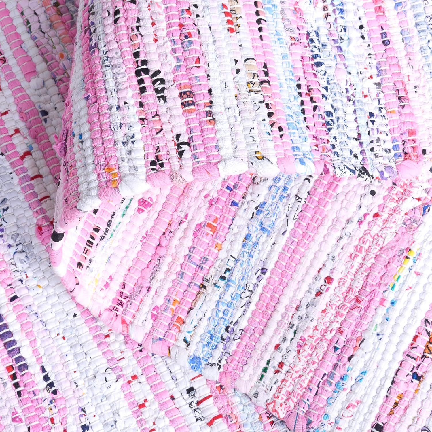 Handmade Boho Stripe Rag Rug – 6′ Square, Light Pink & Multi, Durable Design