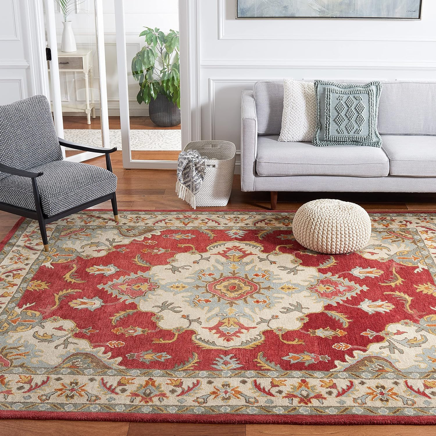 Handmade Antiquity Collection 6′ Square Area Rug – Red & Grey, Durable Wool