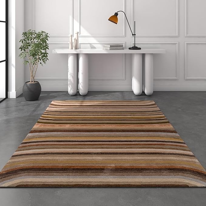 Hand Tufted Striped Rug| Beige & Brown Handmade Wool & Viscose Carpet