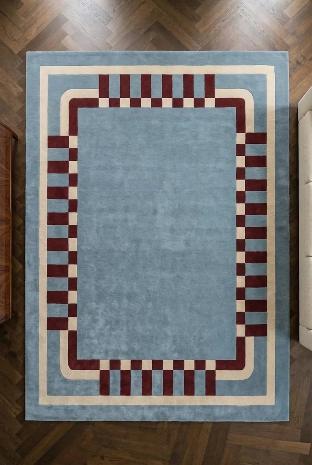 Modern Geometric Border Rug | Hand Tufted Wool in Blue & Burgundy Area Carpet
