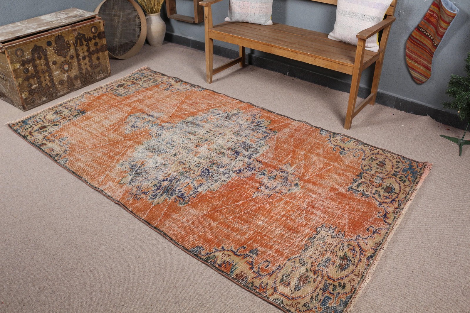 Turkish Vintage Rug 4,2×8 ft (128×245 cm), Orange Plants & trees Rug