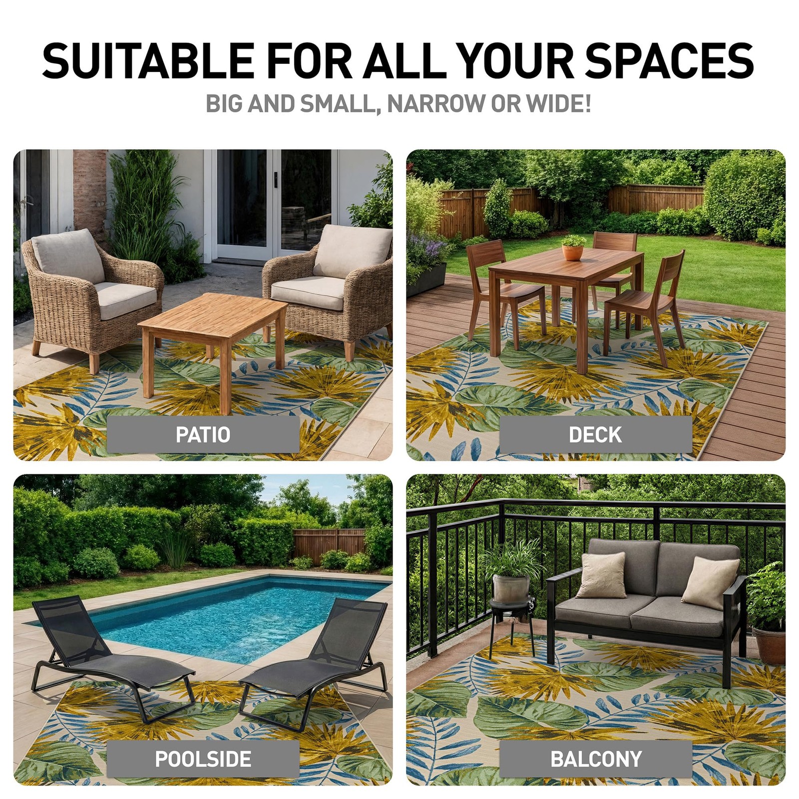 Tropical Garden Palm Indoor/Outdoor Patio Area Rug, Easy Clean Outdoor Rug fo…