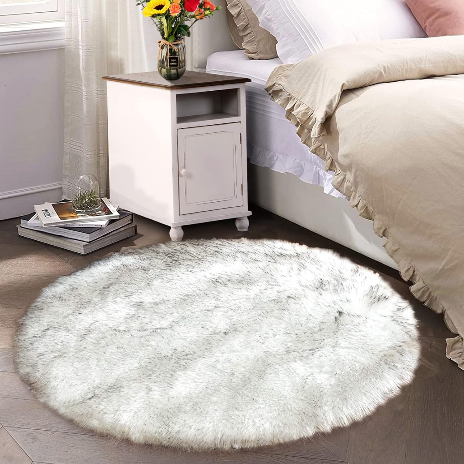 6Ft Round Faux Sheepskin Area Rug – White with Grey Tips, Washable Luxury Decor