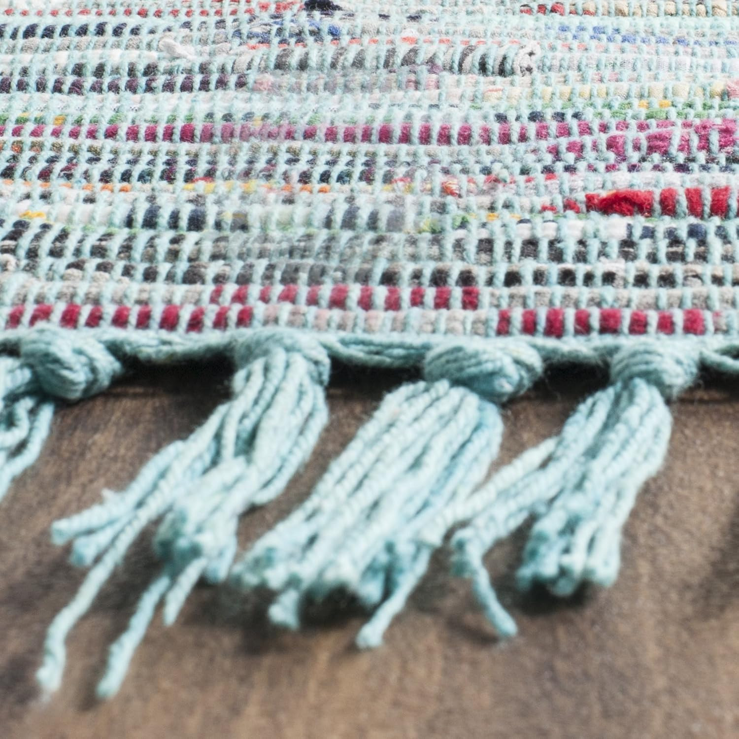 Handmade Boho Stripe Rag Rug – 10′ x 14′, Blue & Multi, Durable for High Traffic
