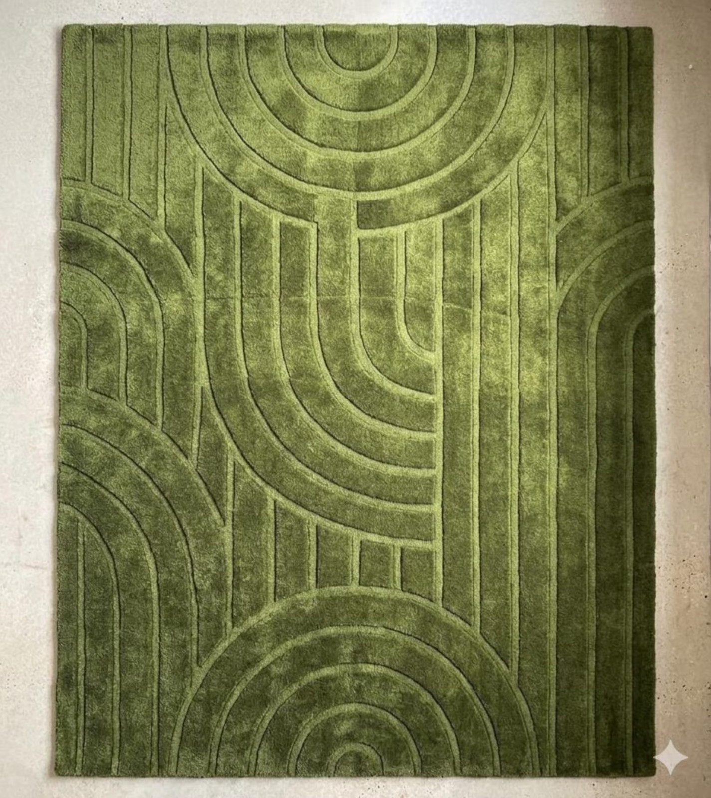Hand Tufted NZ Wool Rug, Olive Green Geometric Arch, Modern Living Room Carpet