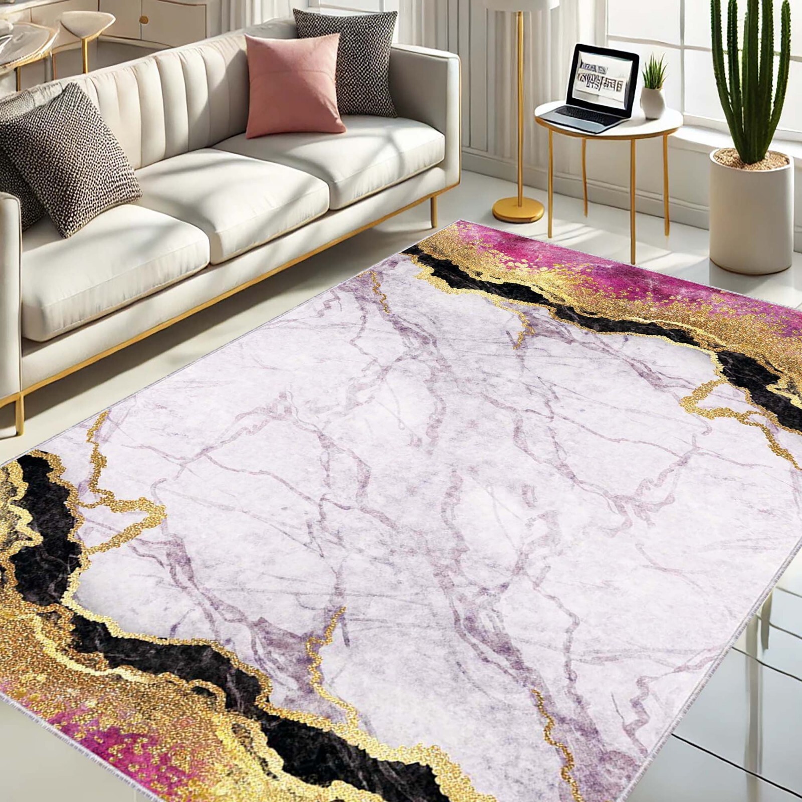 Pink Marble Rug, Gold Abstract Rug, Glam Living Room Rug, Elegant Floor Mat