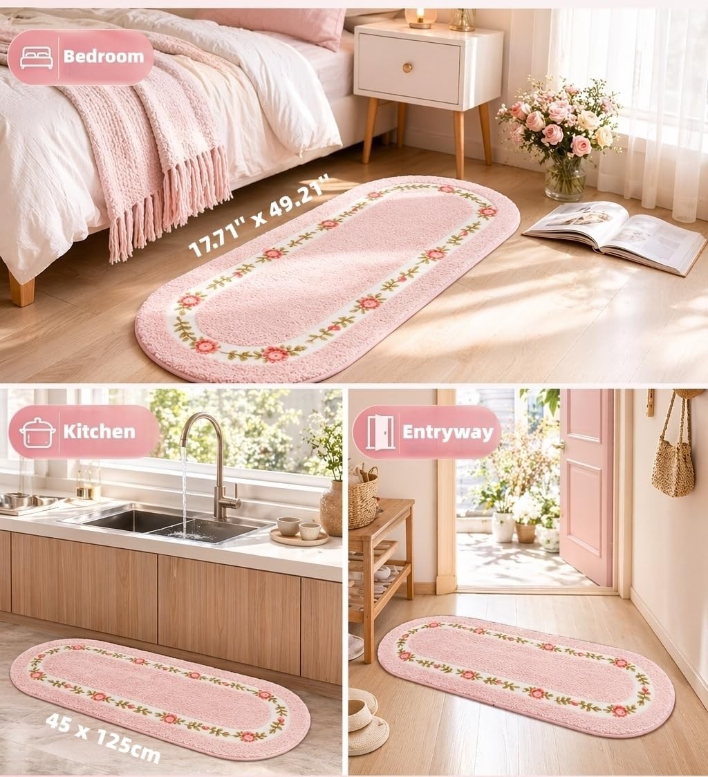 Pink Floral Rose Non Slip Area Rug 17.71 x 49.21 Inch Coquette Romantic Decor