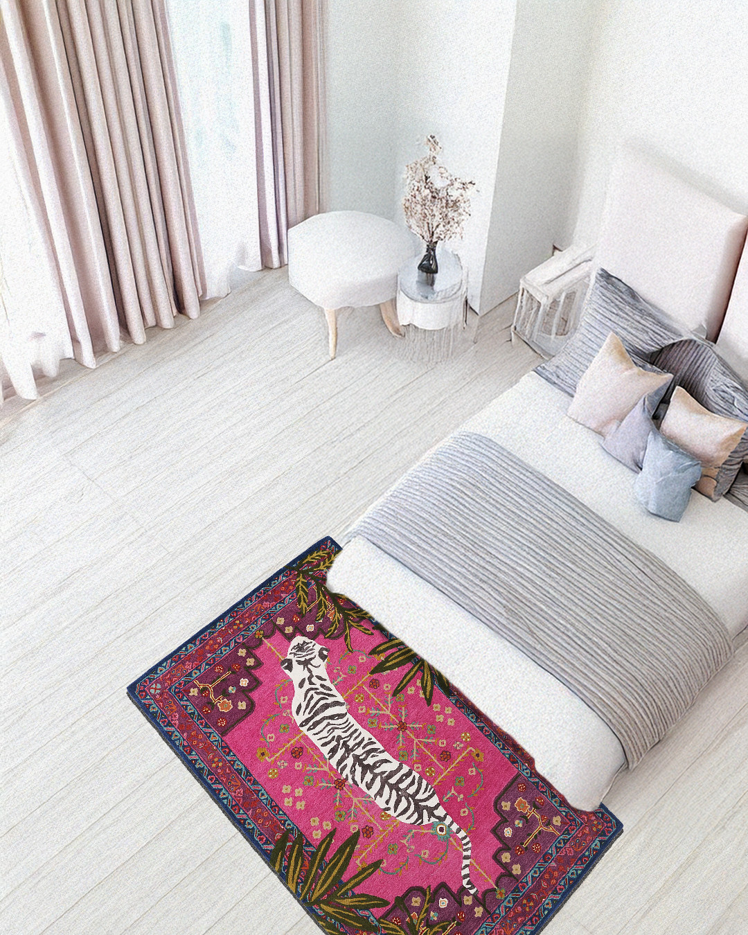 Hand-Tufted Rug with White Bengal Tiger Motif and Vibrant Botanical Oriental