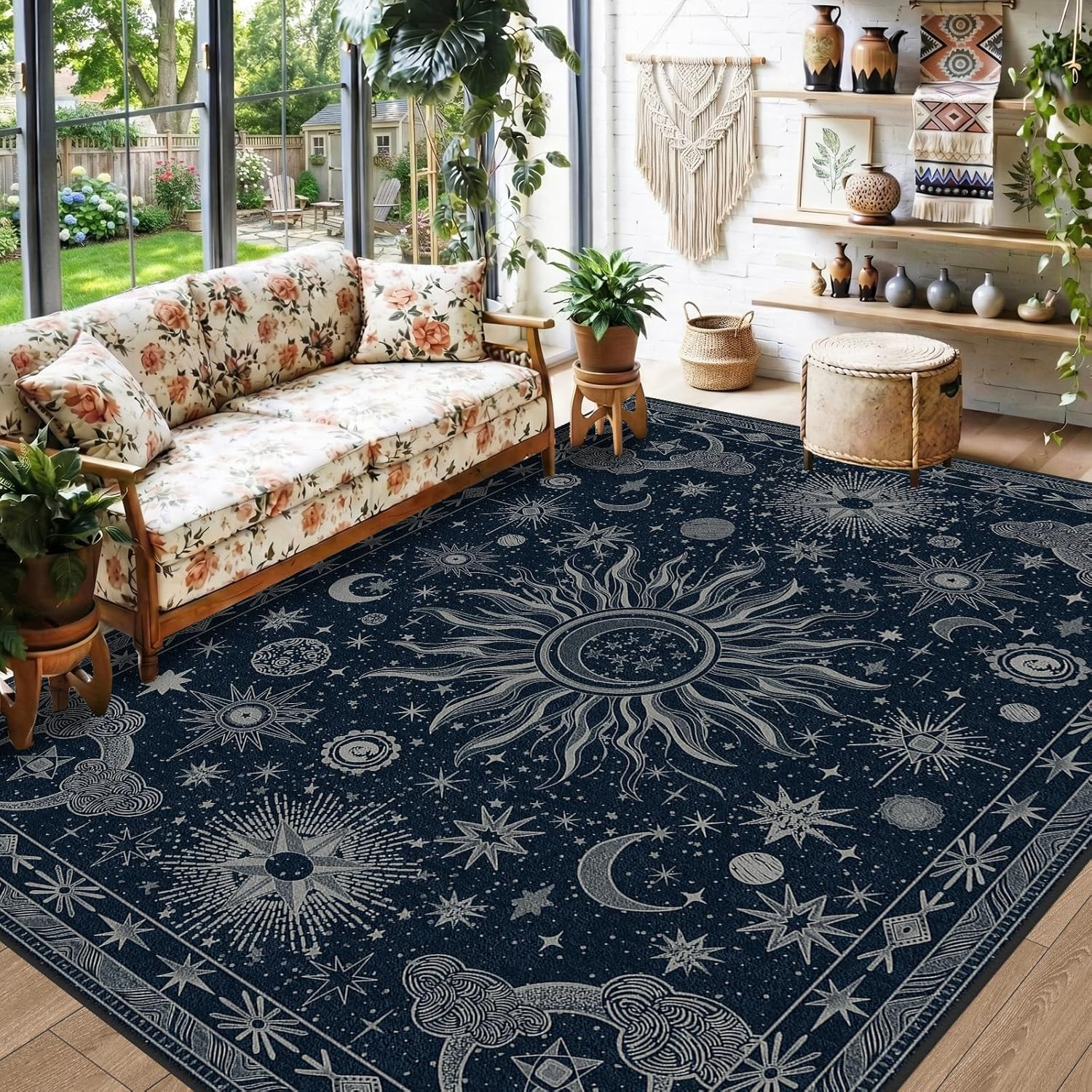 5X7 Area Rugs, Washable Vacuum-Friendly Non-Slip Rug Vintage Boho Gothic Sun and