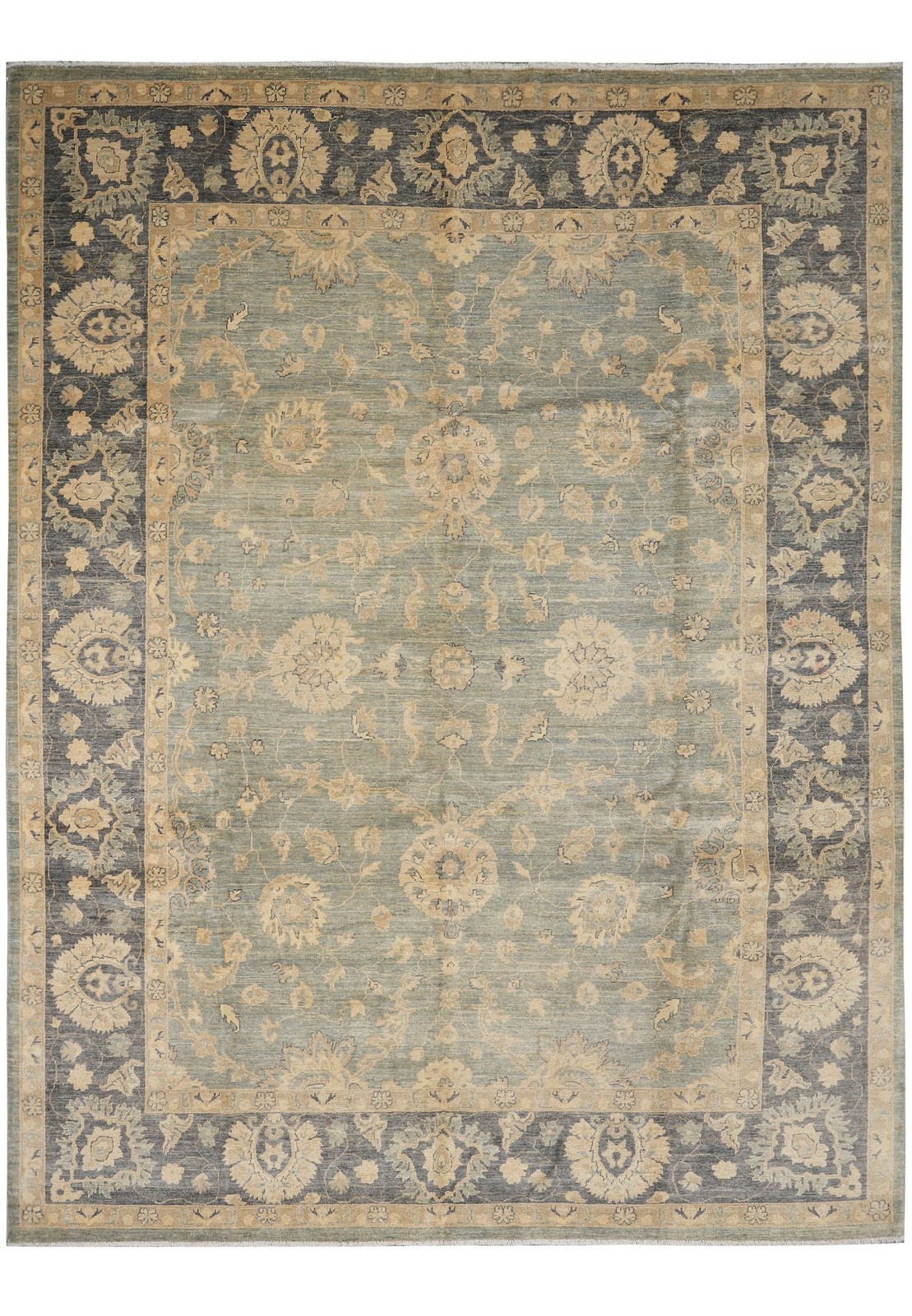 9 x 11.8 Olive Green Handmade Chobi Peshawar rug #F-4239