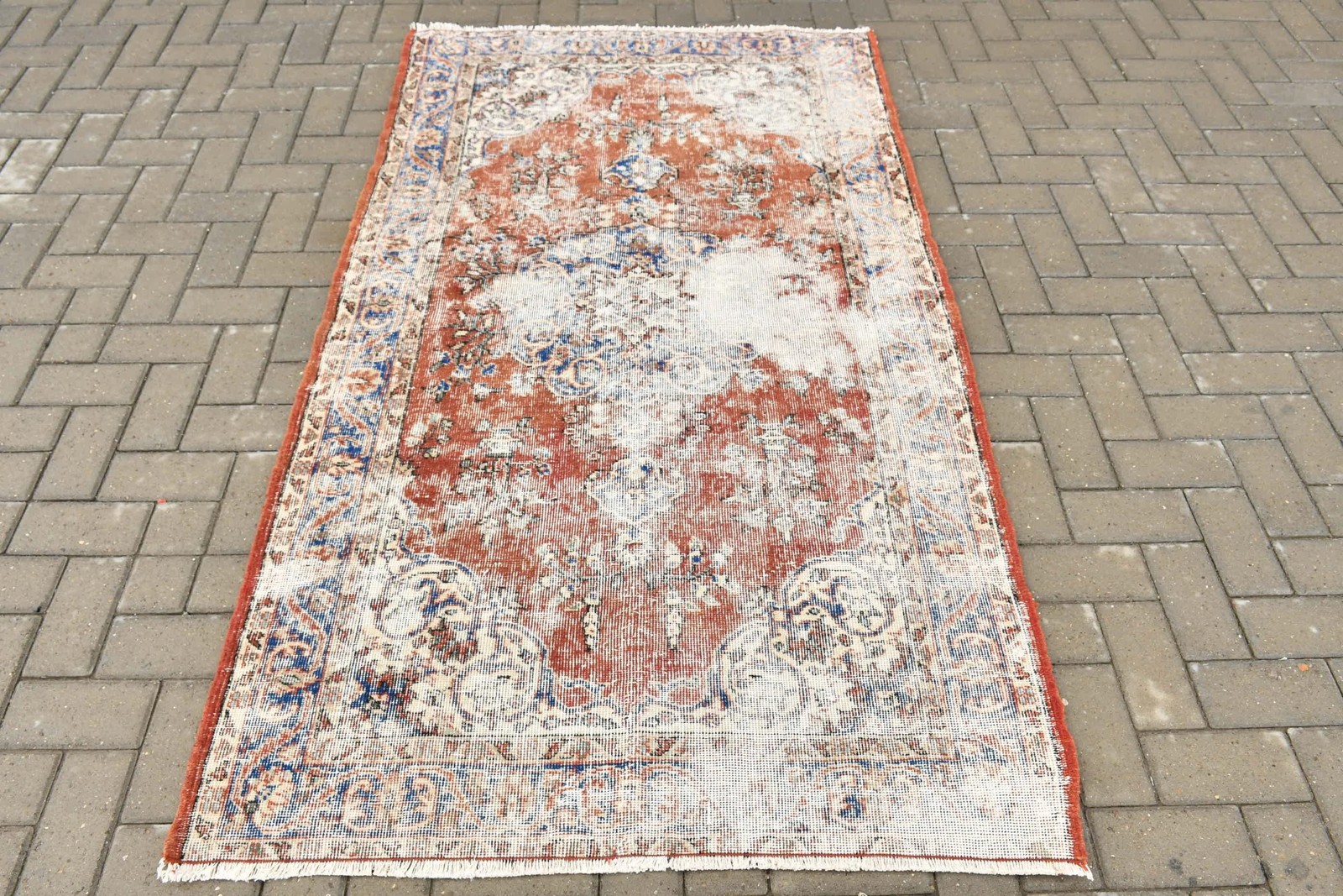 3,7×6,6 ft Rug, Vintage Turkish Rug, Red Blue Polka dot Rug