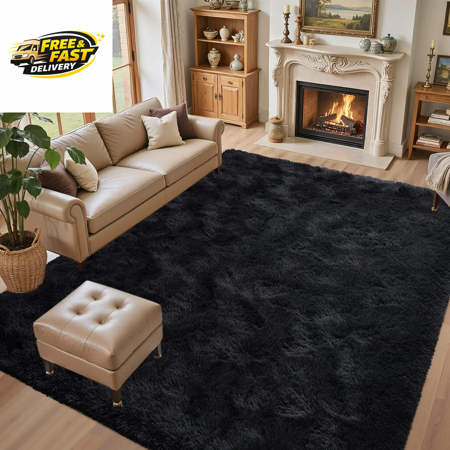 5X7 Black Area Rugs for Living Room, Large Fluffy Shag Bedroom Rugs Non-Slip, s