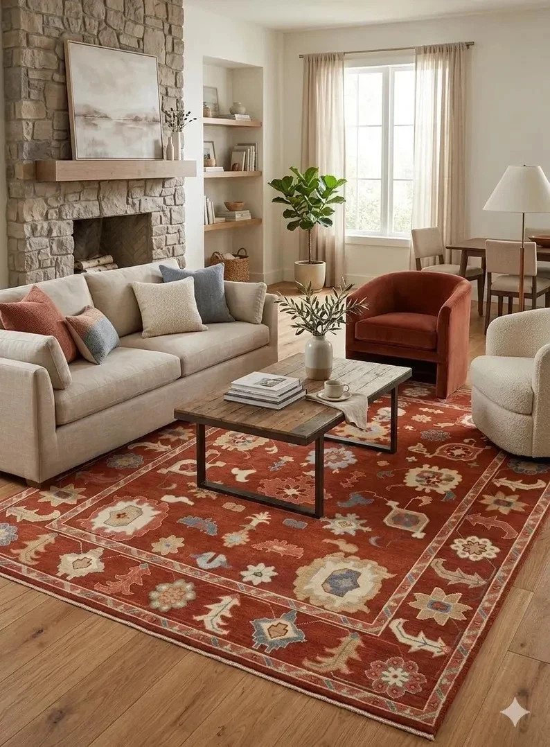 Hand Knotted Oushak Rust Red Oriental Carpet Wool Area Rug