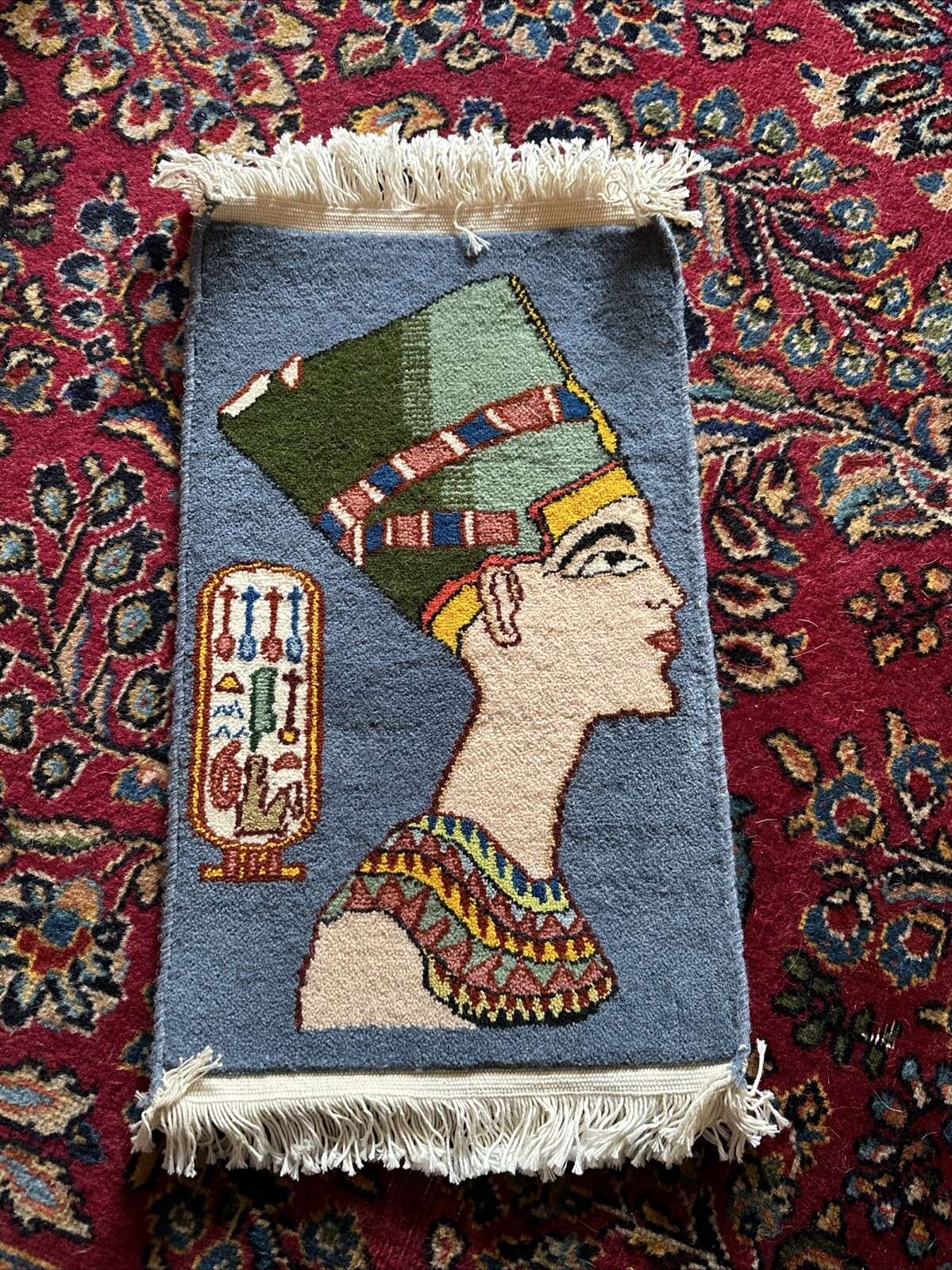 Egyptian Pictorial Small Rug 21”x12” Hieroglyic Wool Rug handmade