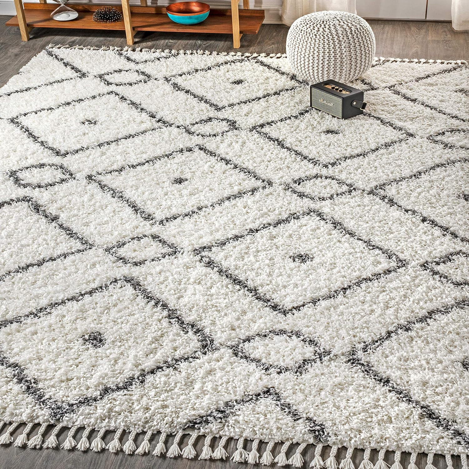 Mercer Shag Plush Tassel Diamond Cream/Gray Indoor Area Rug, 3X5, Moroccan, Bohe