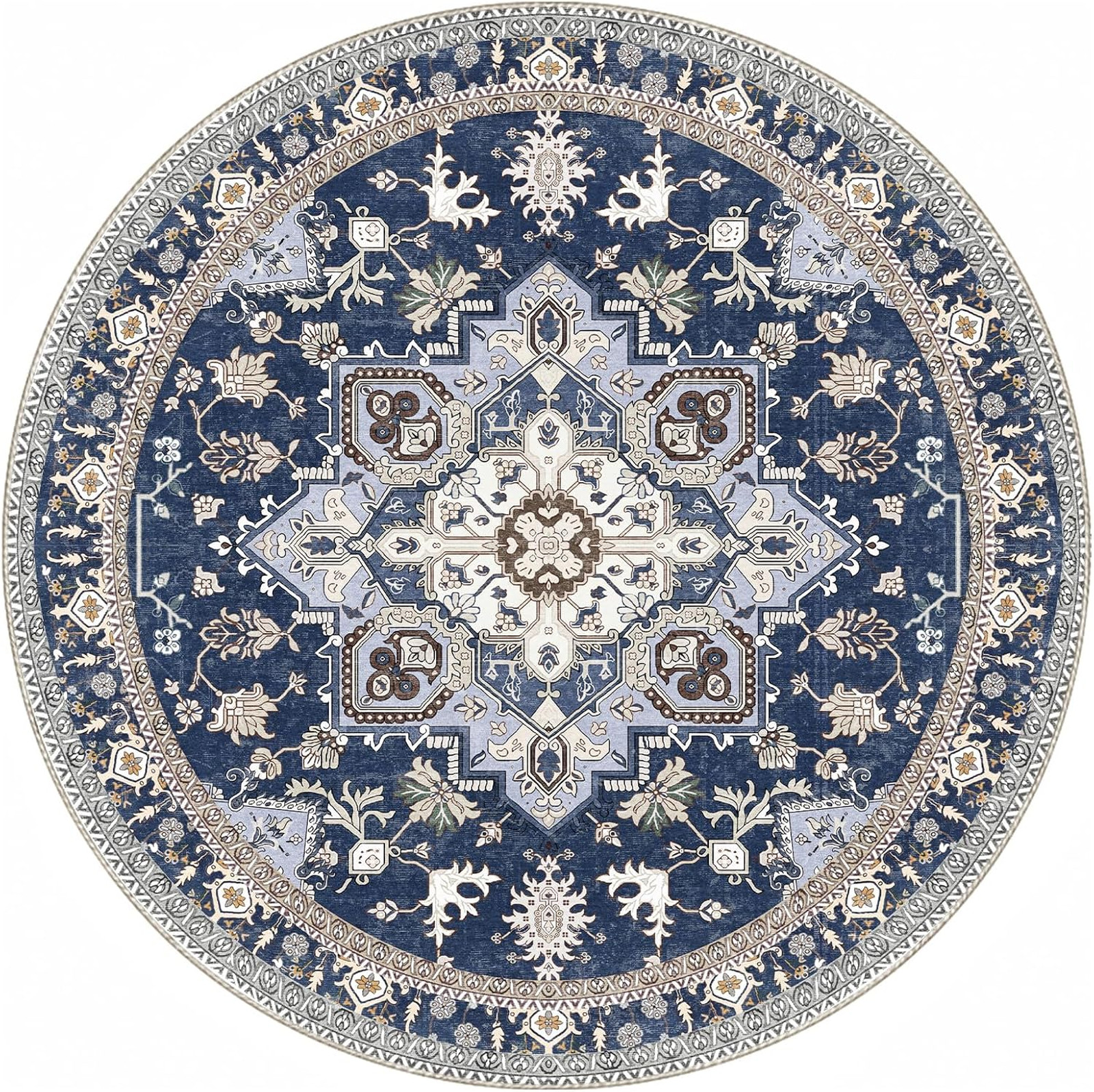 Soft Circle Rug 4ft Washable Faux Cashmere Low-Pile Carpet Play Room Navy Blue
